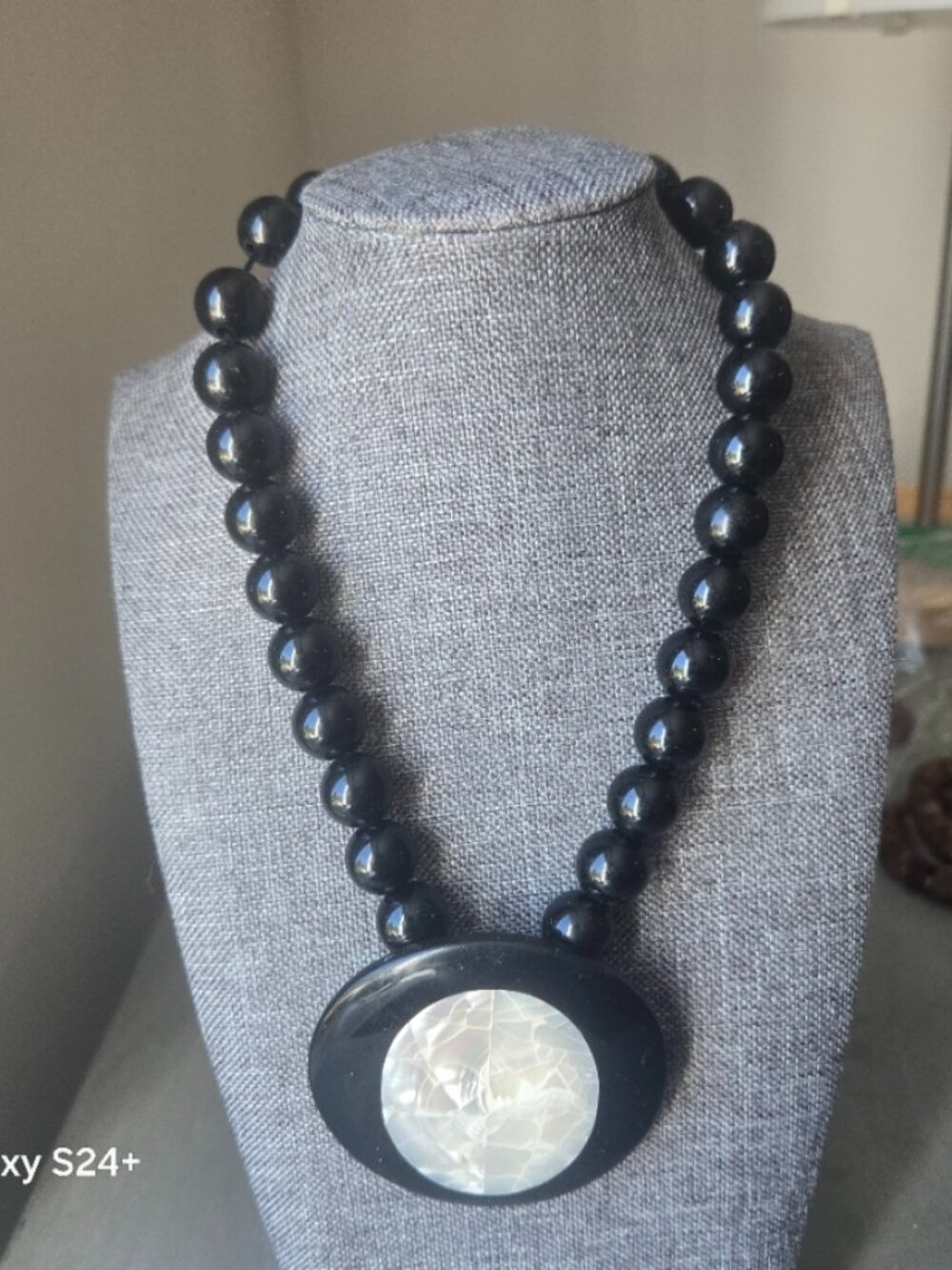 Art Deco Style Black Galalith Pendant Necklace
